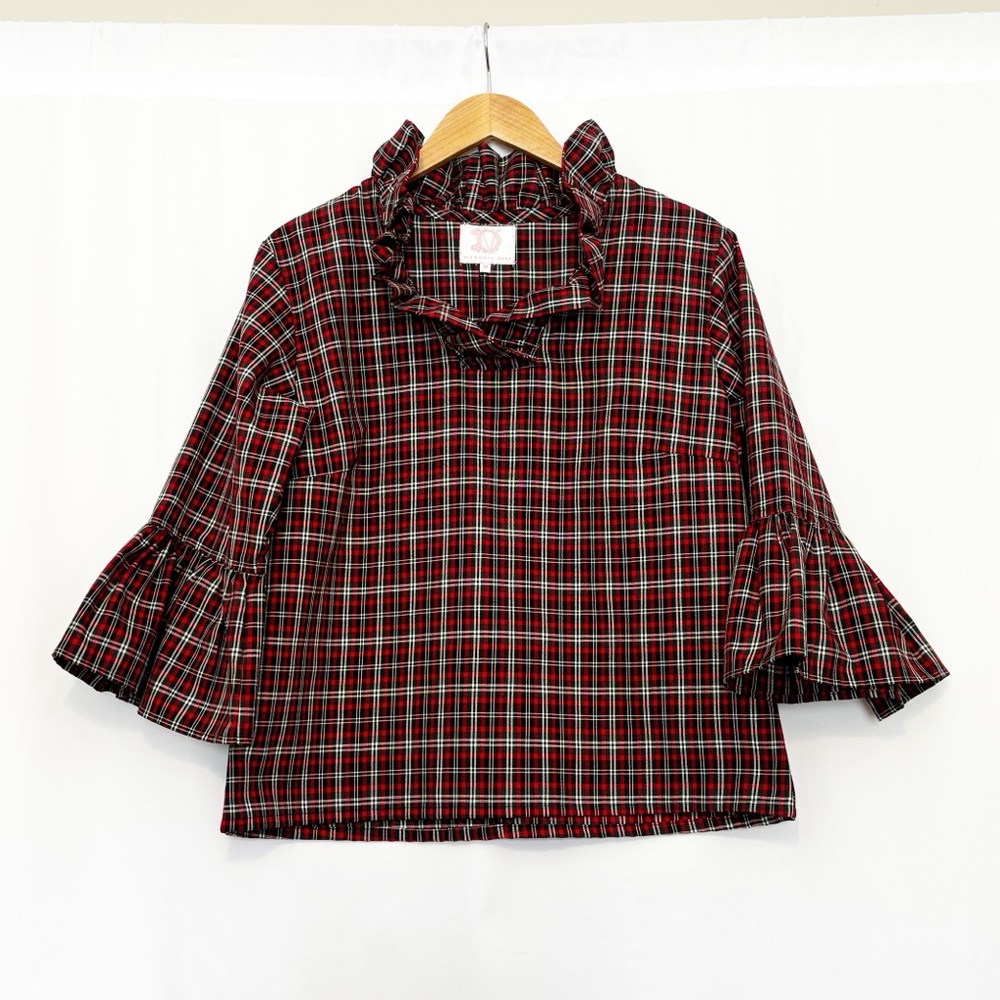 Victoria Holly Red Plaid Bell Sleeve Women's Top Blouse Sizeโ M